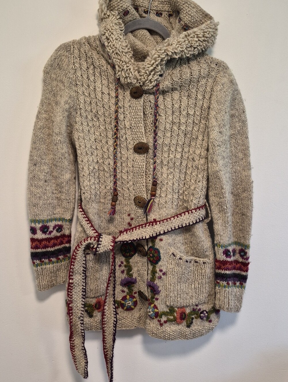 Vtg Newari Nepal Hand Knit Wool Cardigan Sweater Y2K Hooded Belted Floral Sz S/M - Picture 2 of 14